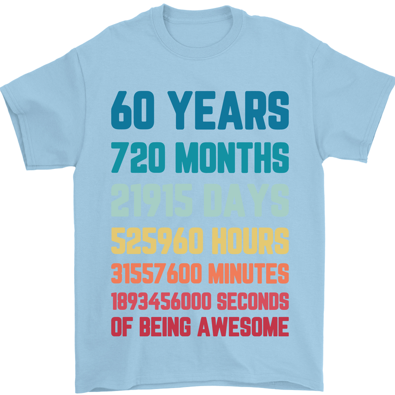 60th Birthday 60 Year Old Mens T-Shirt 100% Cotton Light Blue