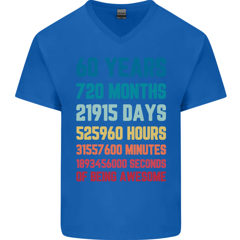 60th Birthday 60 Year Old Mens V-Neck Cotton T-Shirt Royal Blue