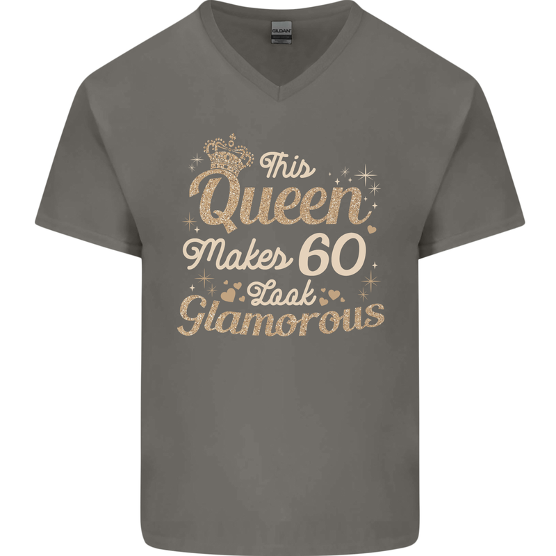 60th Birthday Queen Sixty Years Old 60 Mens V-Neck Cotton T-Shirt Charcoal
