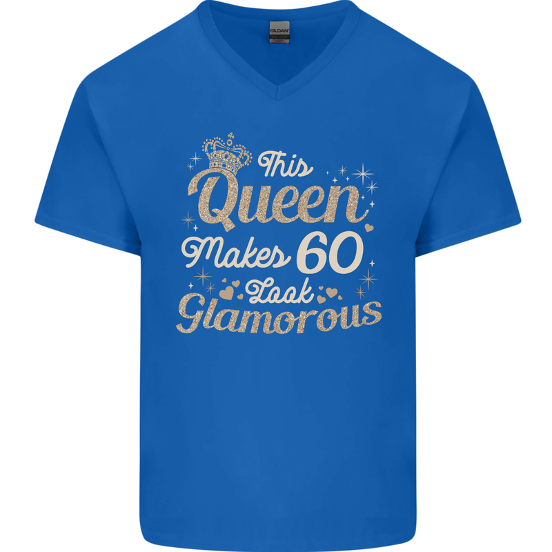 60th Birthday Queen Sixty Years Old 60 Mens V-Neck Cotton T-Shirt Royal Blue