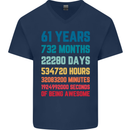 61st Birthday 61 Year Old Mens V-Neck Cotton T-Shirt Navy Blue