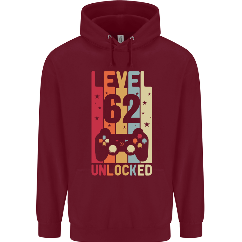 62nd Birthday 62 Year Old Level Up Gamming Mens 80% Cotton Hoodie Maroon