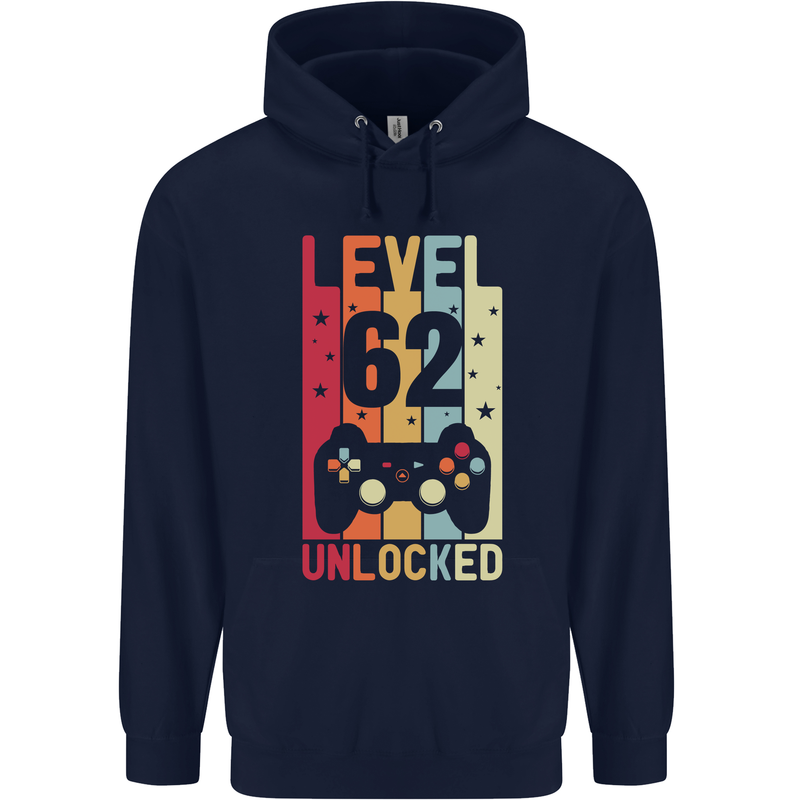 62nd Birthday 62 Year Old Level Up Gamming Mens 80% Cotton Hoodie Navy Blue