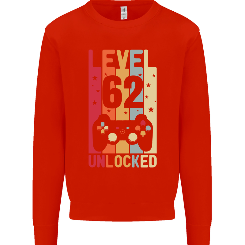 62nd Birthday 62 Year Old Level Up Gamming Mens Sweatshirt Jumper Bright Red