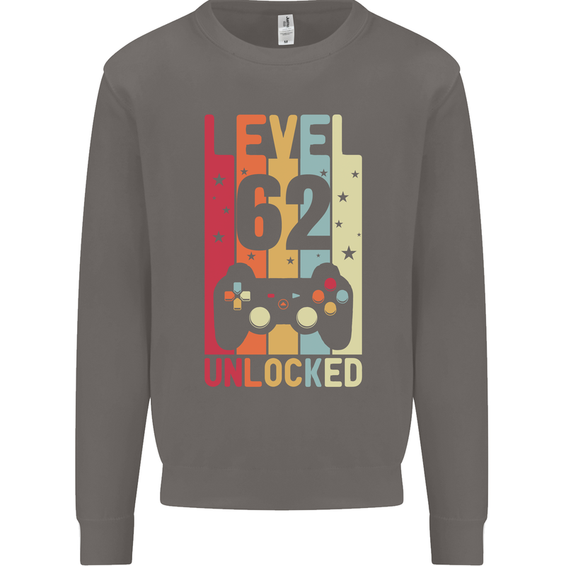 62nd Birthday 62 Year Old Level Up Gamming Mens Sweatshirt Jumper Charcoal