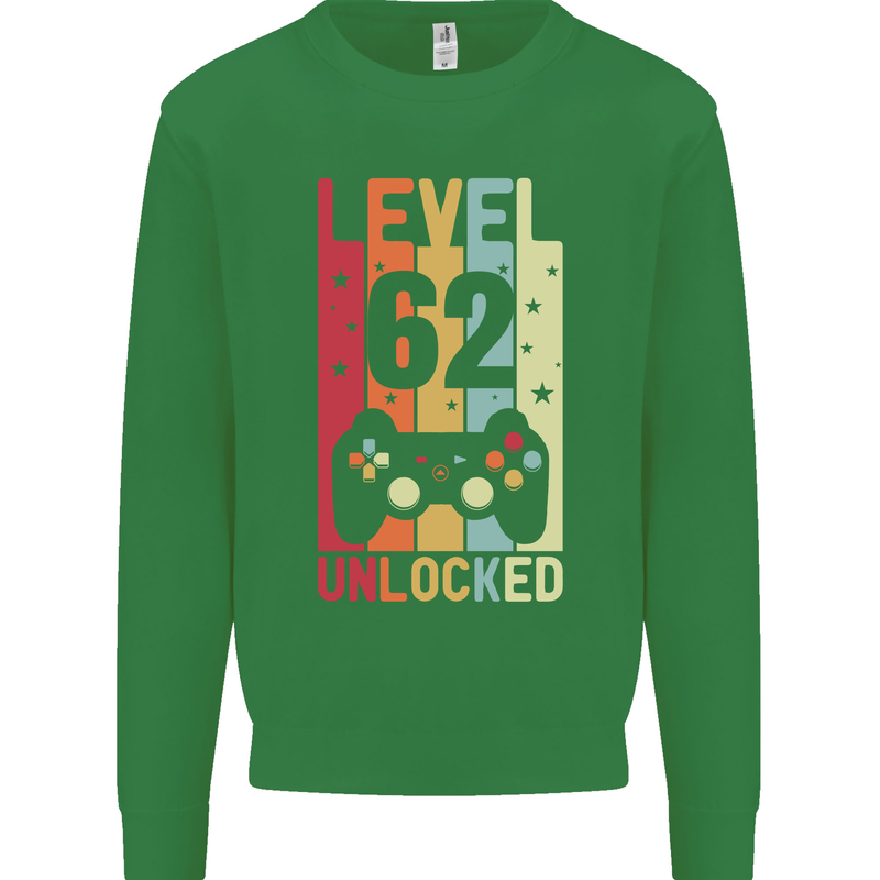 62nd Birthday 62 Year Old Level Up Gamming Mens Sweatshirt Jumper Irish Green