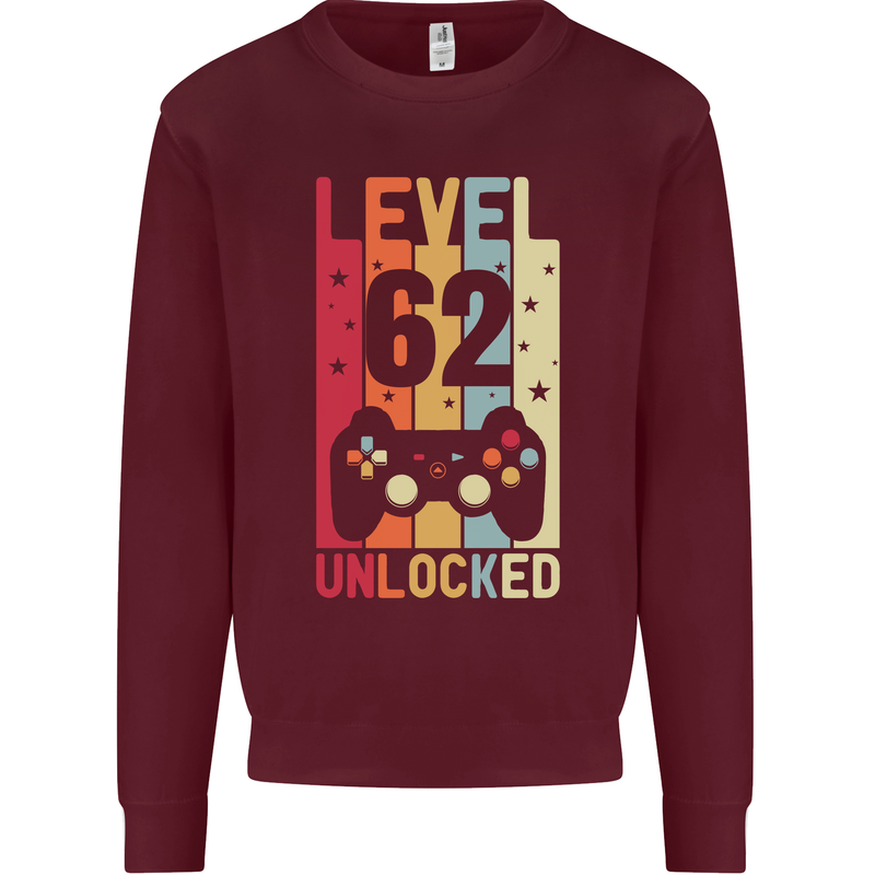62nd Birthday 62 Year Old Level Up Gamming Mens Sweatshirt Jumper Maroon