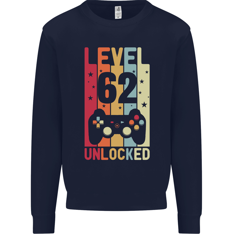 62nd Birthday 62 Year Old Level Up Gamming Mens Sweatshirt Jumper Navy Blue