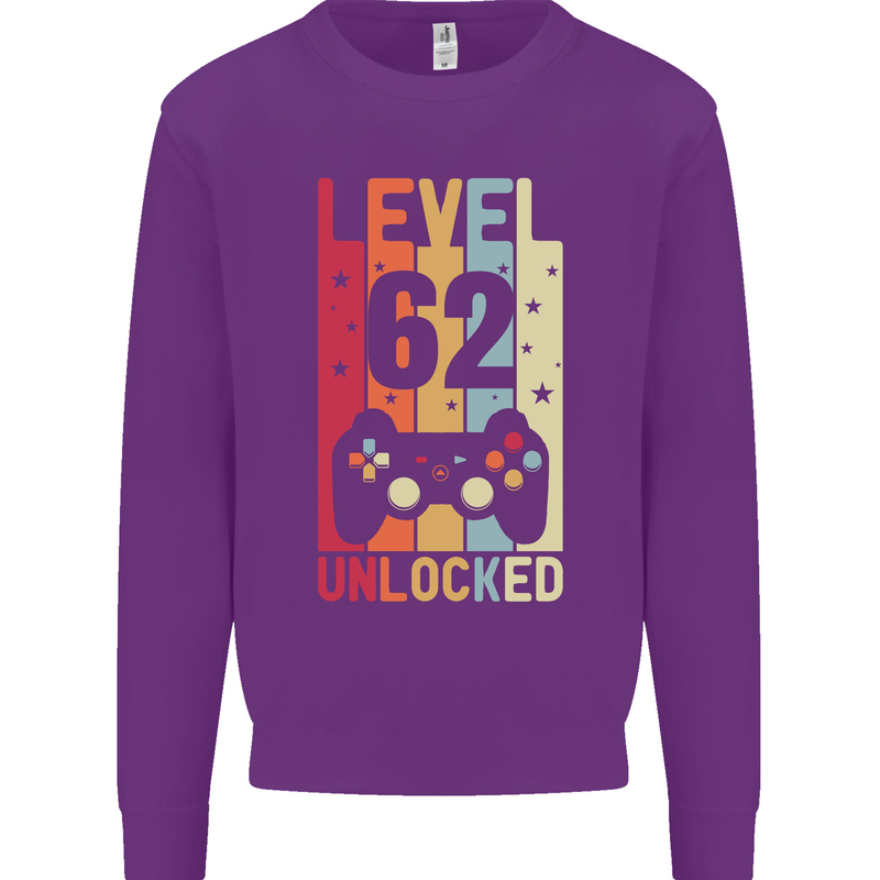 62nd Birthday 62 Year Old Level Up Gamming Mens Sweatshirt Jumper Purple