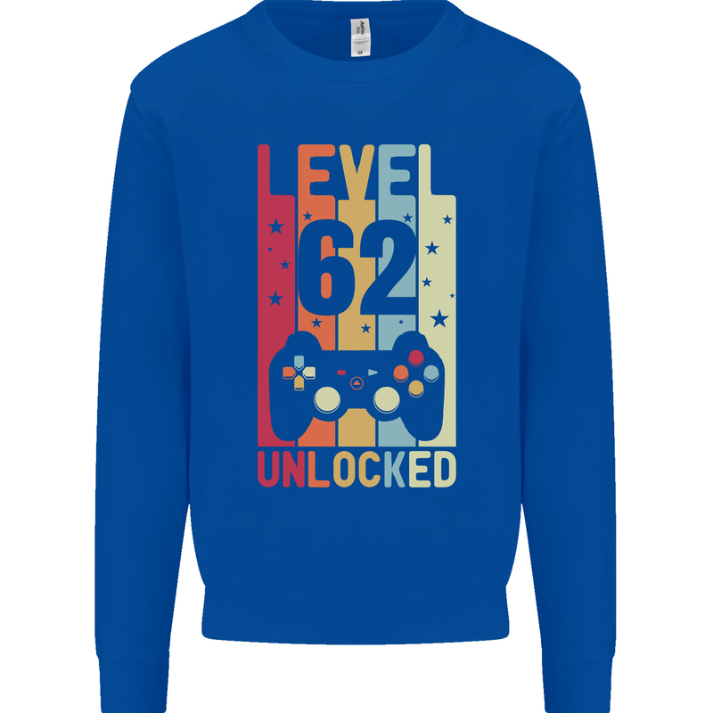 62nd Birthday 62 Year Old Level Up Gamming Mens Sweatshirt Jumper Royal Blue