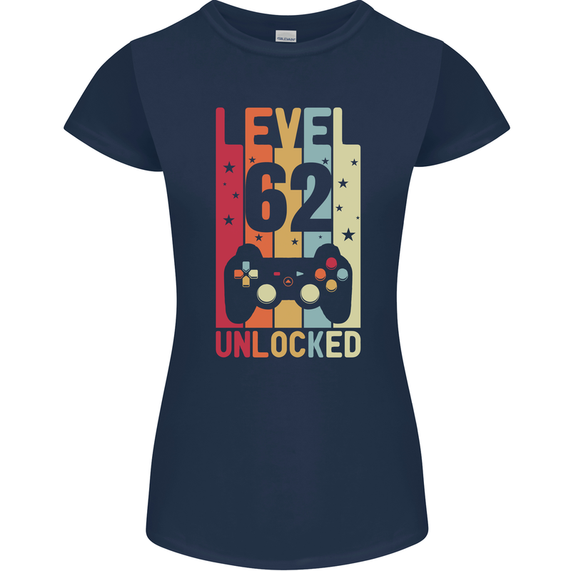 62nd Birthday 62 Year Old Level Up Gamming Womens Petite Cut T-Shirt Navy Blue