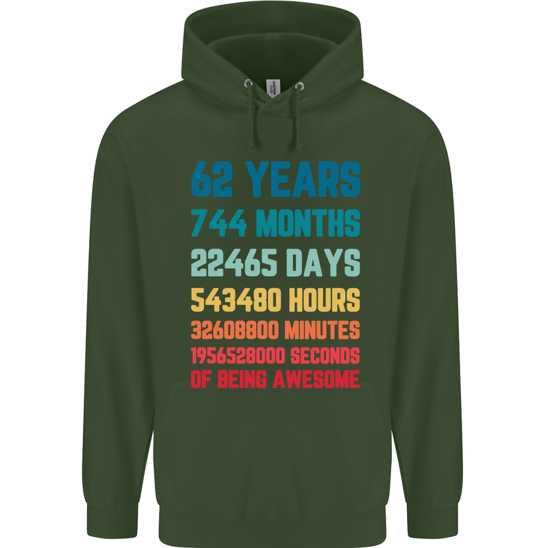 62nd Birthday 62 Year Old Mens 80% Cotton Hoodie Forest Green