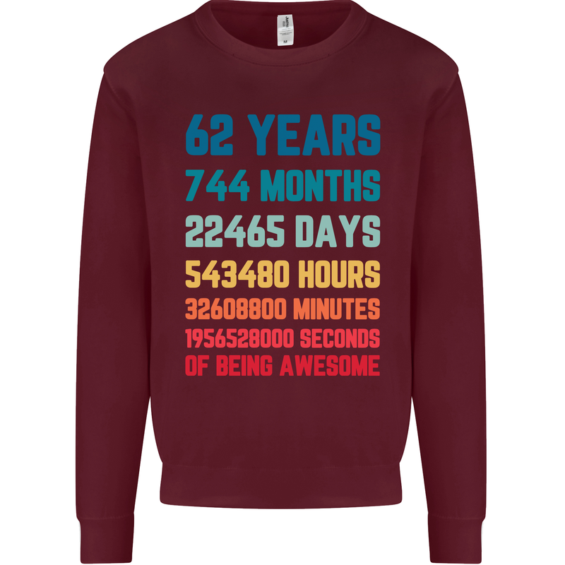 62nd Birthday 62 Year Old Mens Sweatshirt Jumper Maroon