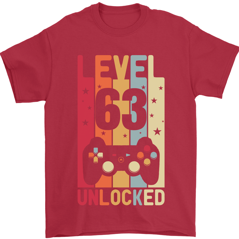 63rd Birthday 63 Year Old Level Up Gamming Mens T-Shirt 100% Cotton Red