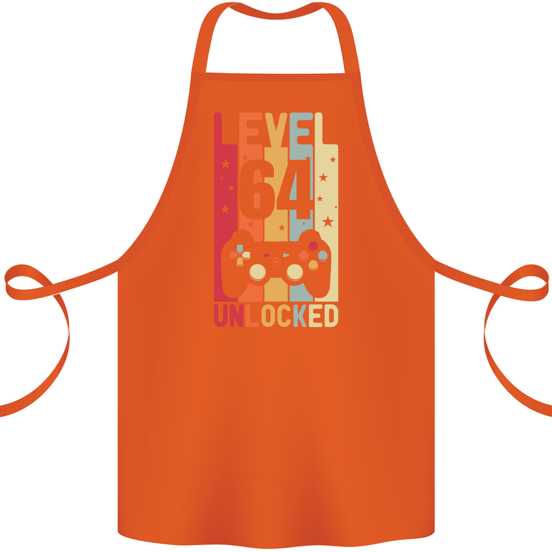 64th Birthday 64 Year Old Level Up Gamming Cotton Apron 100% Organic Orange