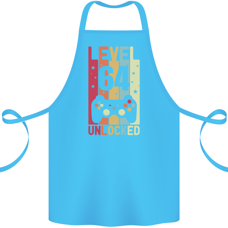 64th Birthday 64 Year Old Level Up Gamming Cotton Apron 100% Organic Turquoise