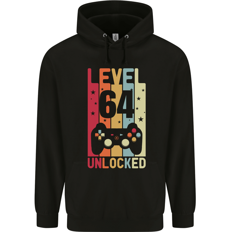 64th Birthday 64 Year Old Level Up Gamming Mens 80% Cotton Hoodie Black