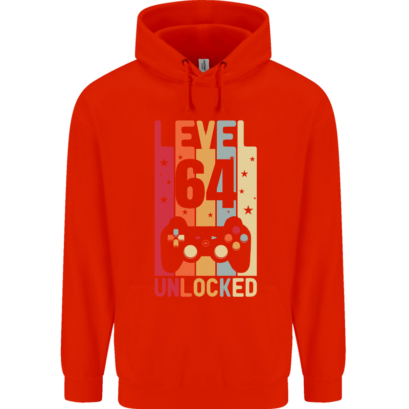 64th Birthday 64 Year Old Level Up Gamming Mens 80% Cotton Hoodie Bright Red