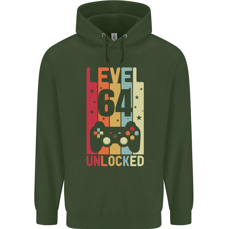 64th Birthday 64 Year Old Level Up Gamming Mens 80% Cotton Hoodie Forest Green