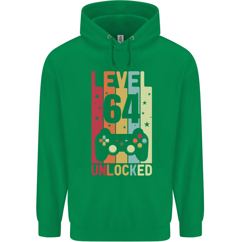 64th Birthday 64 Year Old Level Up Gamming Mens 80% Cotton Hoodie Irish Green