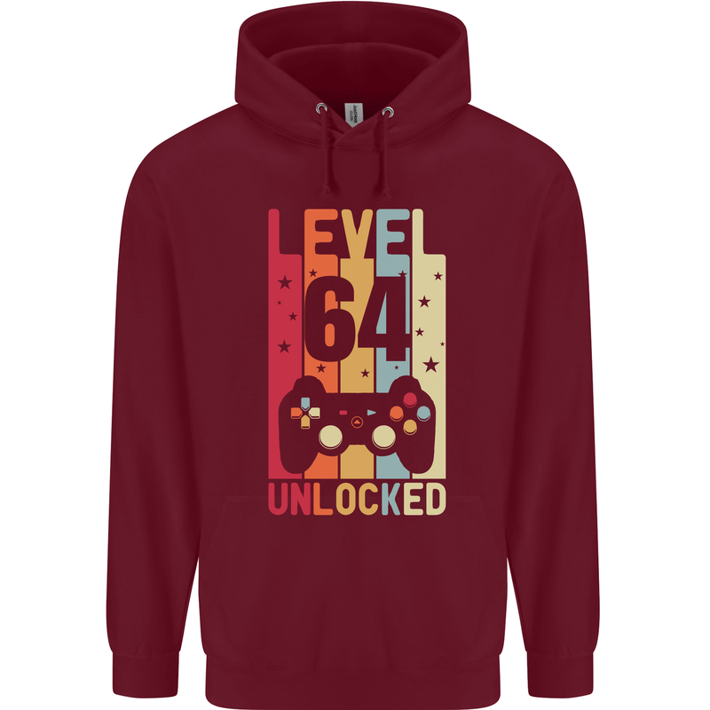 64th Birthday 64 Year Old Level Up Gamming Mens 80% Cotton Hoodie Maroon