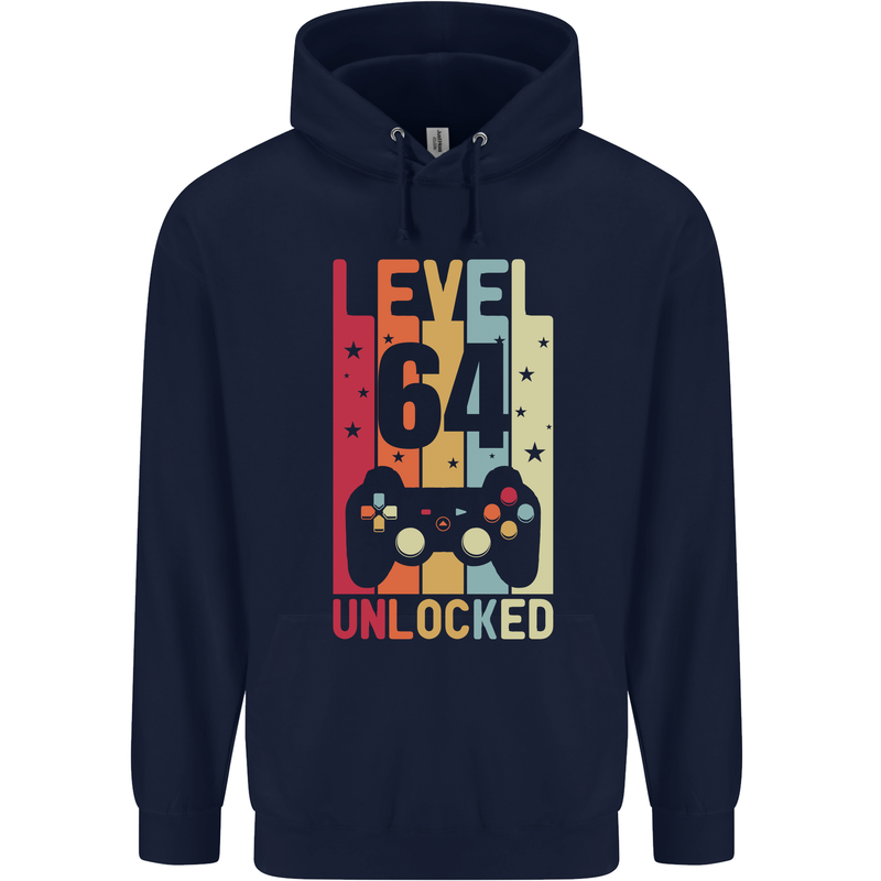 64th Birthday 64 Year Old Level Up Gamming Mens 80% Cotton Hoodie Navy Blue