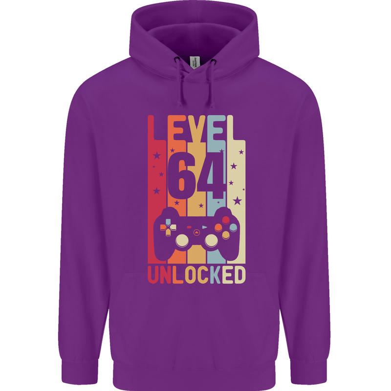 64th Birthday 64 Year Old Level Up Gamming Mens 80% Cotton Hoodie Purple