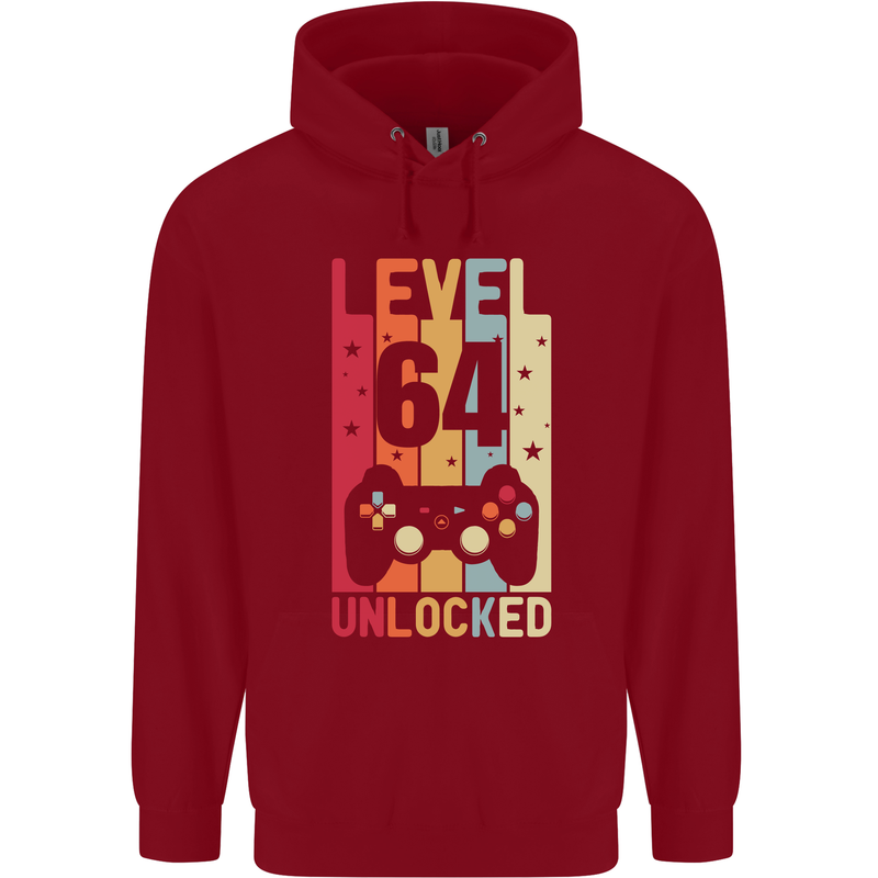 64th Birthday 64 Year Old Level Up Gamming Mens 80% Cotton Hoodie Red
