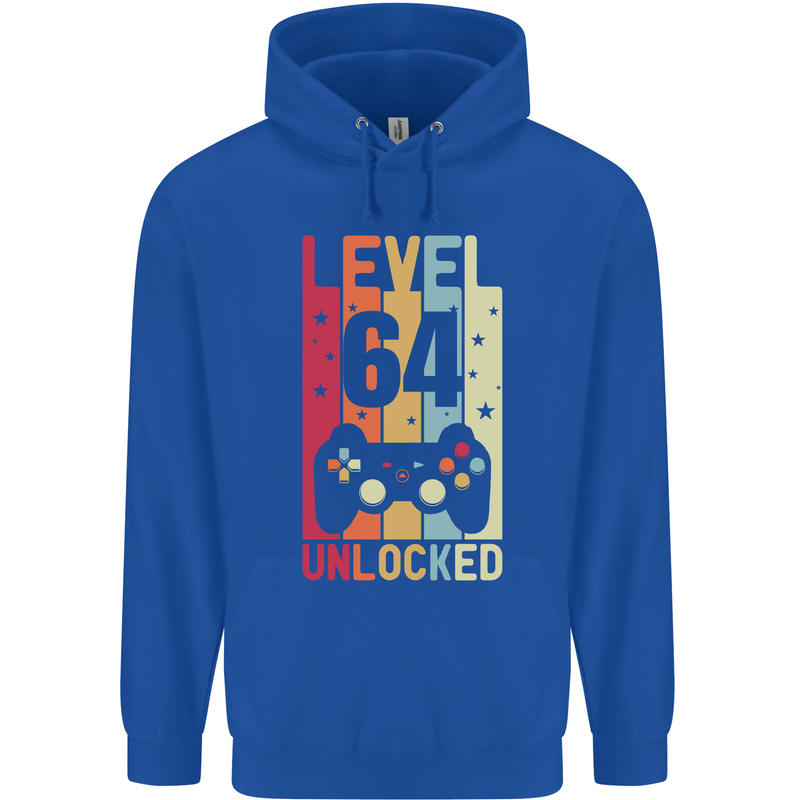 64th Birthday 64 Year Old Level Up Gamming Mens 80% Cotton Hoodie Royal Blue