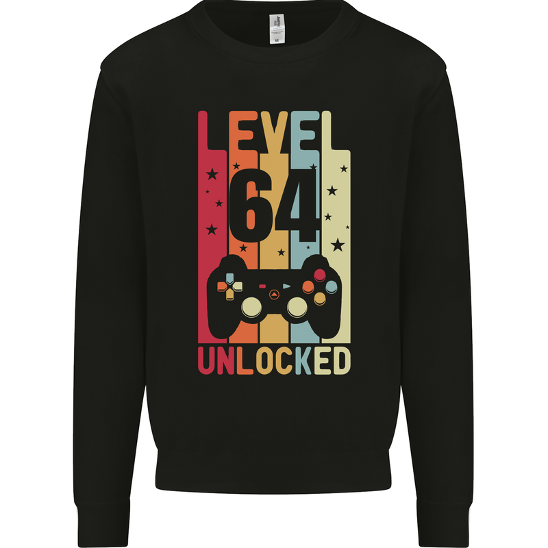 64th Birthday 64 Year Old Level Up Gamming Mens Sweatshirt Jumper Black