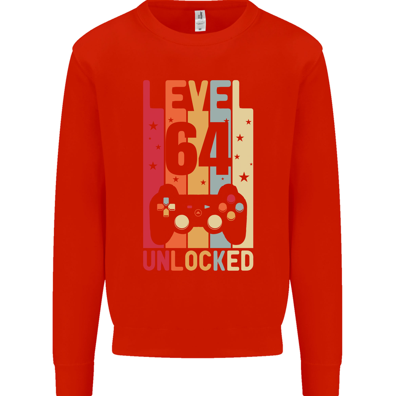 64th Birthday 64 Year Old Level Up Gamming Mens Sweatshirt Jumper Bright Red