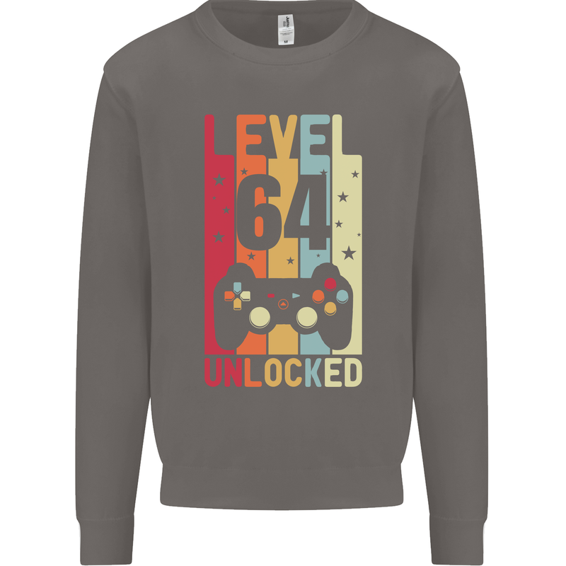 64th Birthday 64 Year Old Level Up Gamming Mens Sweatshirt Jumper Charcoal