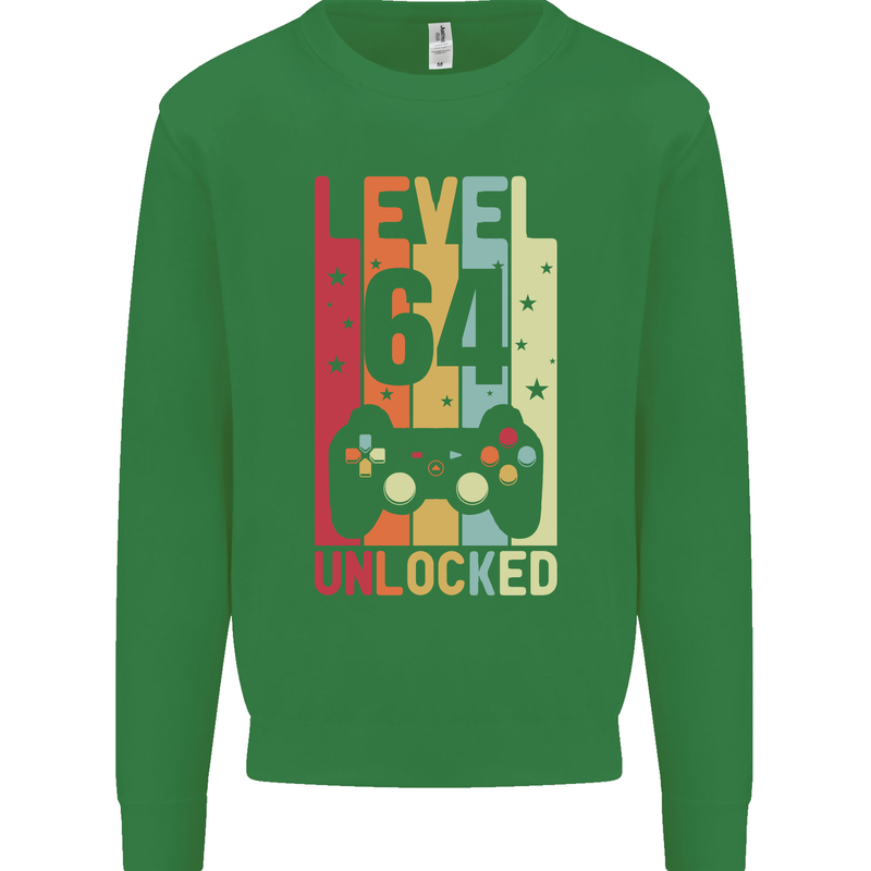 64th Birthday 64 Year Old Level Up Gamming Mens Sweatshirt Jumper Irish Green