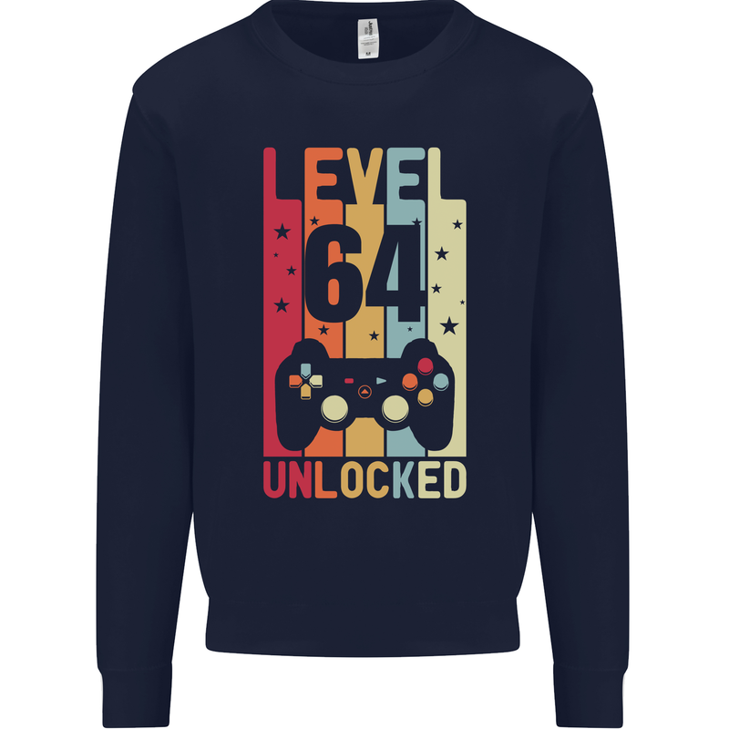 64th Birthday 64 Year Old Level Up Gamming Mens Sweatshirt Jumper Navy Blue