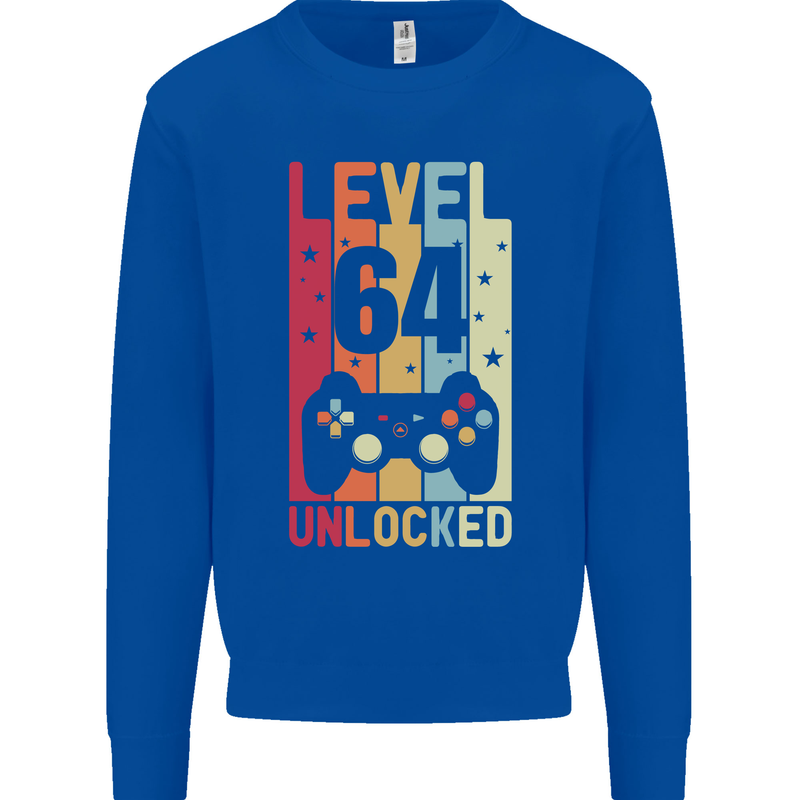64th Birthday 64 Year Old Level Up Gamming Mens Sweatshirt Jumper Royal Blue