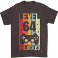 64th Birthday 64 Year Old Level Up Gamming Mens T-Shirt 100% Cotton Dark Chocolate