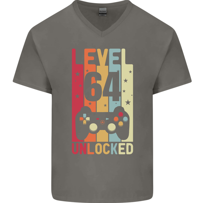 64th Birthday 64 Year Old Level Up Gamming Mens V-Neck Cotton T-Shirt Charcoal