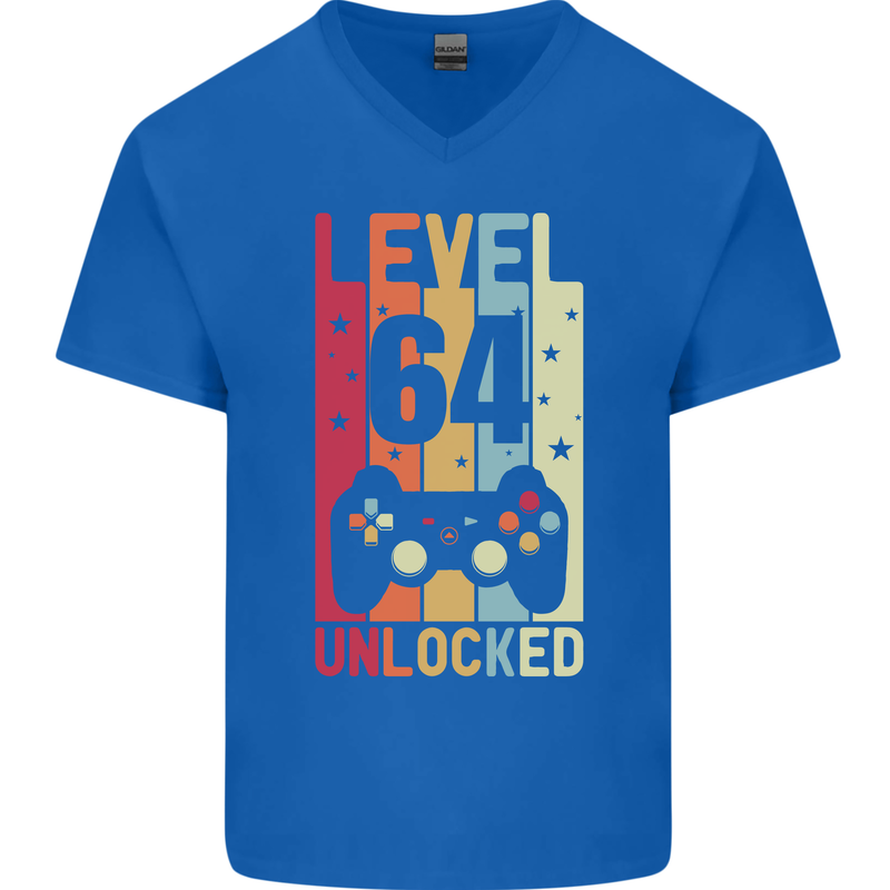64th Birthday 64 Year Old Level Up Gamming Mens V-Neck Cotton T-Shirt Royal Blue