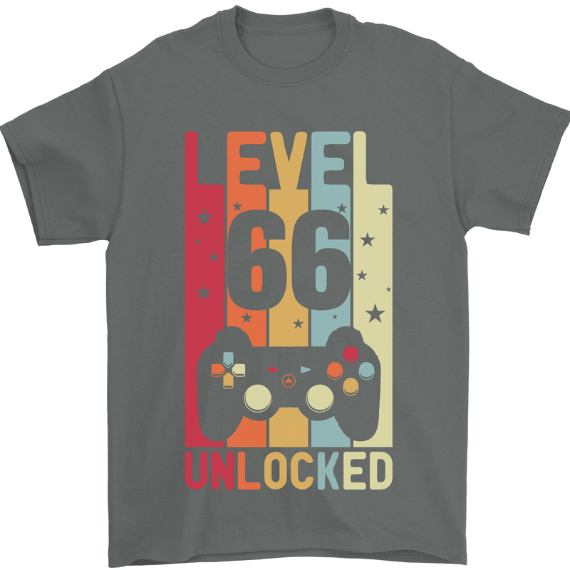 66th Birthday 66 Year Old Level Up Gamming Mens T-Shirt 100% Cotton Charcoal