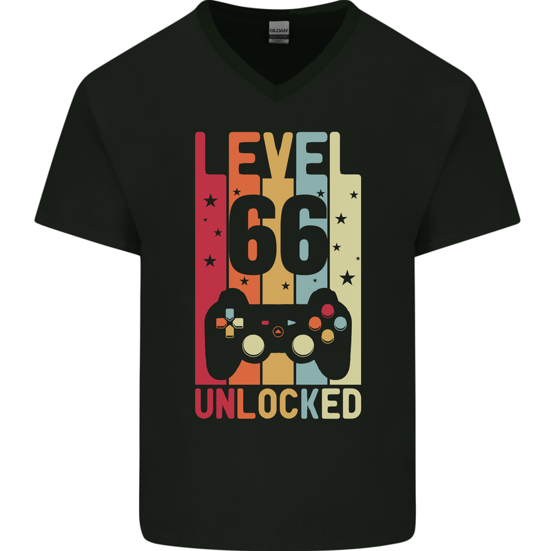 66th Birthday 66 Year Old Level Up Gamming Mens V-Neck Cotton T-Shirt Black