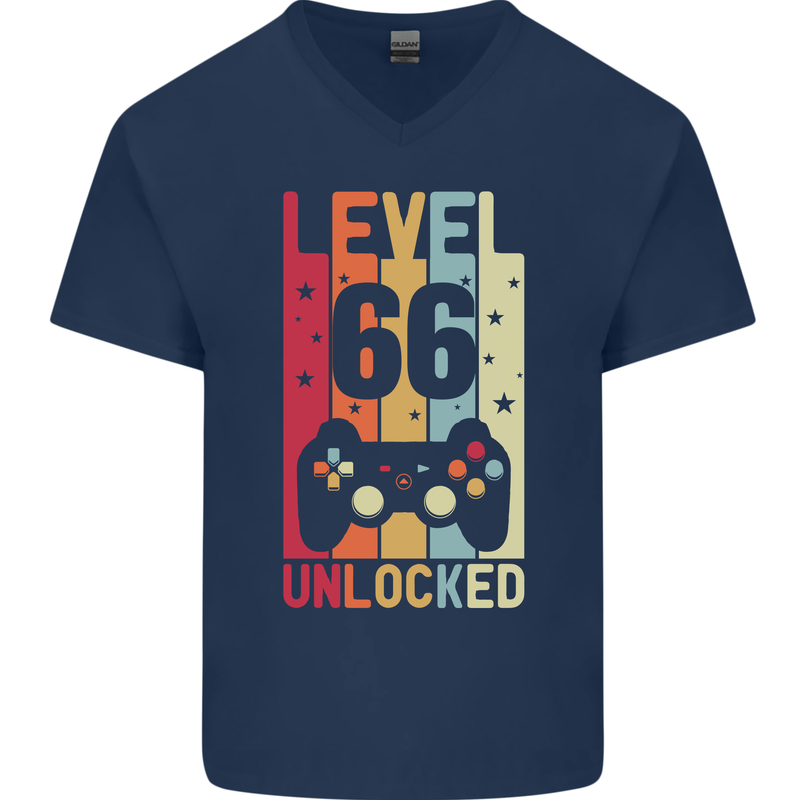 66th Birthday 66 Year Old Level Up Gamming Mens V-Neck Cotton T-Shirt Navy Blue