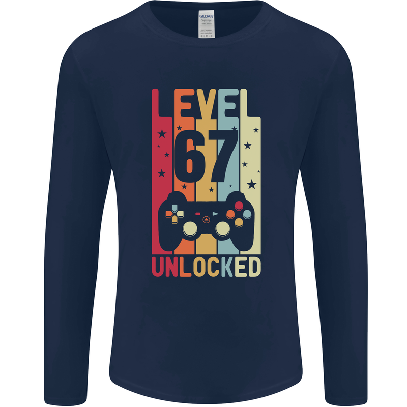 67th Birthday 67 Year Old Level Up Gamming Mens Long Sleeve T-Shirt Navy Blue