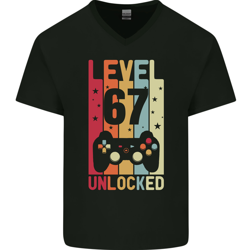 67th Birthday 67 Year Old Level Up Gamming Mens V-Neck Cotton T-Shirt Black