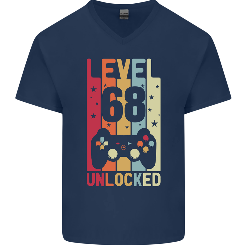 68th Birthday 68 Year Old Level Up Gamming Mens V-Neck Cotton T-Shirt Navy Blue