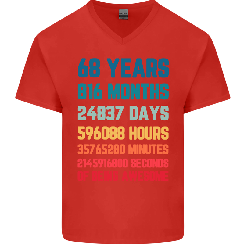 68th Birthday 68 Year Old Mens V-Neck Cotton T-Shirt Red