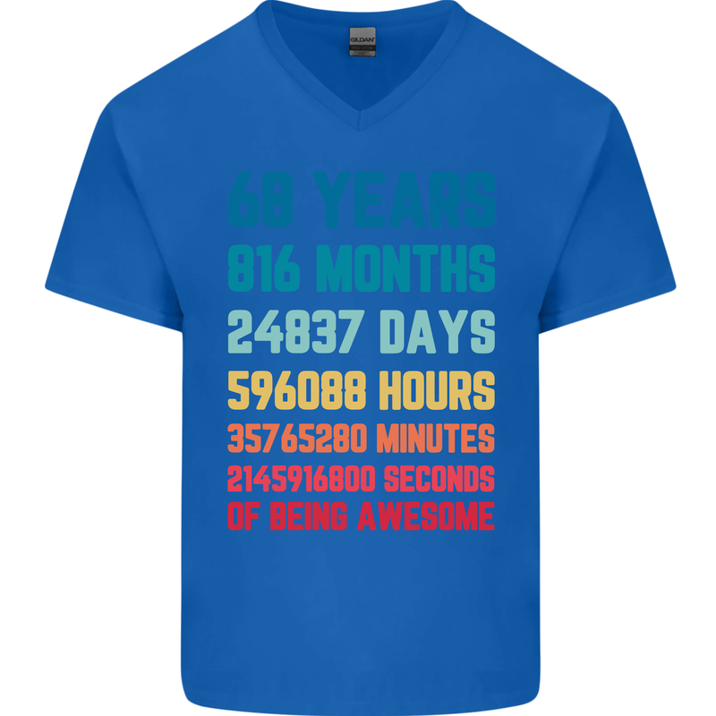 68th Birthday 68 Year Old Mens V-Neck Cotton T-Shirt Royal Blue