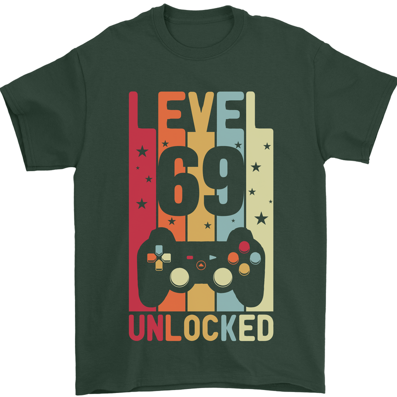 69th Birthday 69 Year Old Level Up Gamming Mens T-Shirt 100% Cotton Forest Green