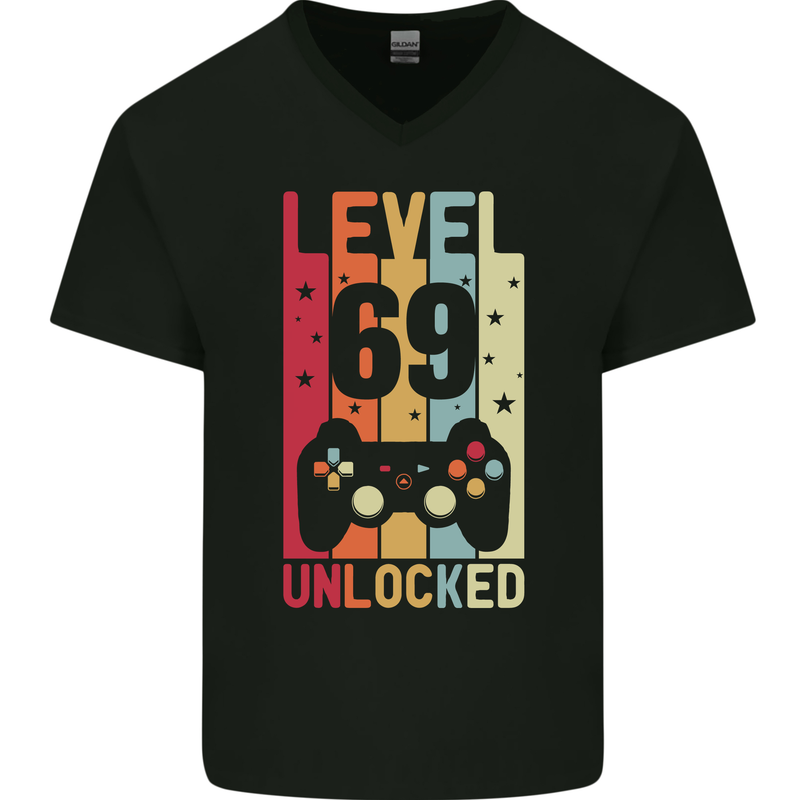 69th Birthday 69 Year Old Level Up Gamming Mens V-Neck Cotton T-Shirt Black