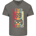 69th Birthday 69 Year Old Level Up Gamming Mens V-Neck Cotton T-Shirt Charcoal