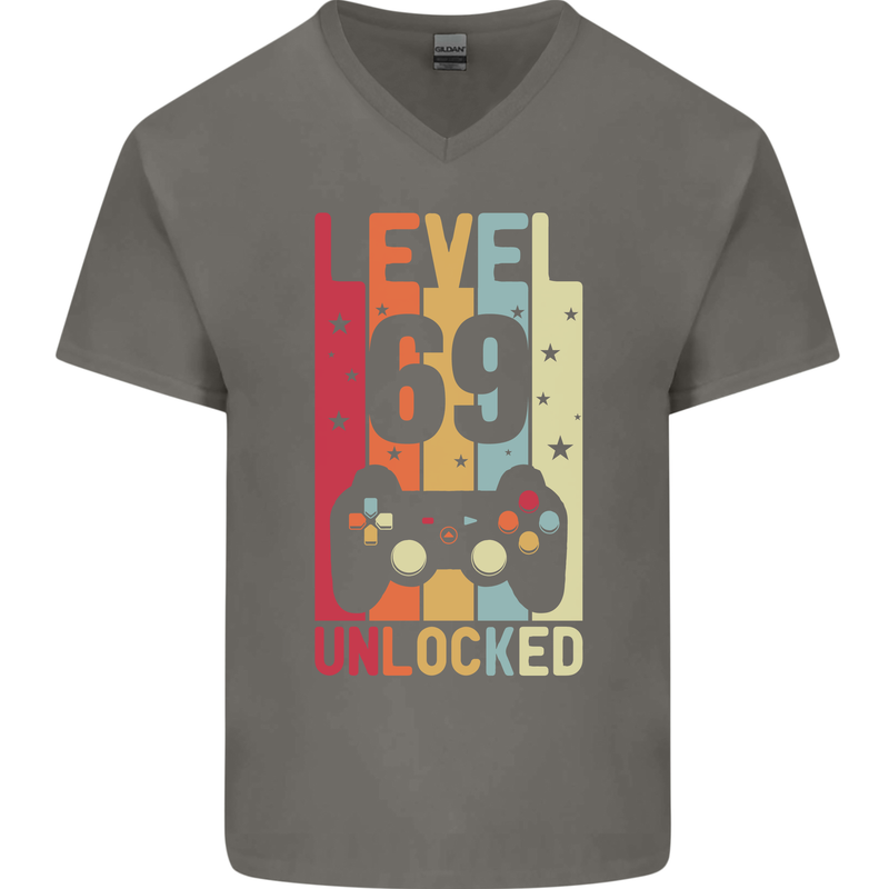 69th Birthday 69 Year Old Level Up Gamming Mens V-Neck Cotton T-Shirt Charcoal